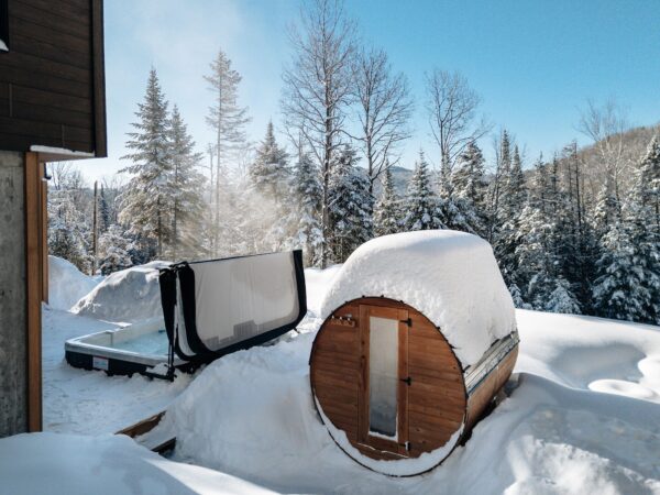 Barrel sauna in the snow