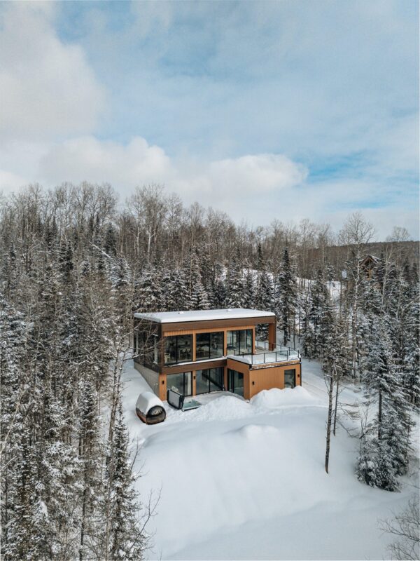 The chalet from above in winter